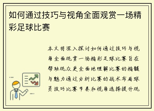 如何通过技巧与视角全面观赏一场精彩足球比赛