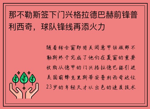 那不勒斯签下门兴格拉德巴赫前锋普利西奇，球队锋线再添火力