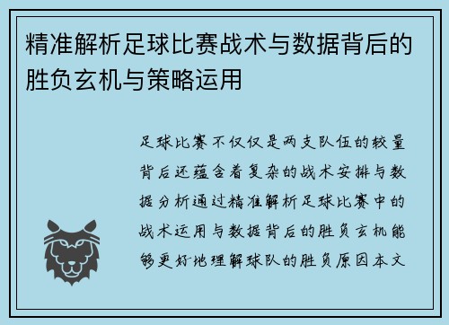 精准解析足球比赛战术与数据背后的胜负玄机与策略运用