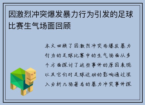 因激烈冲突爆发暴力行为引发的足球比赛生气场面回顾