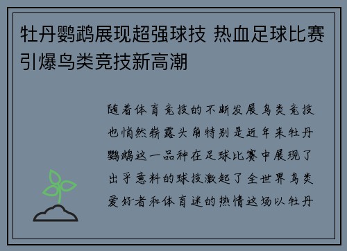 牡丹鹦鹉展现超强球技 热血足球比赛引爆鸟类竞技新高潮