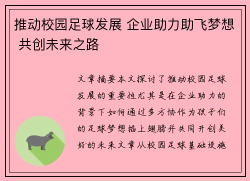 推动校园足球发展 企业助力助飞梦想 共创未来之路