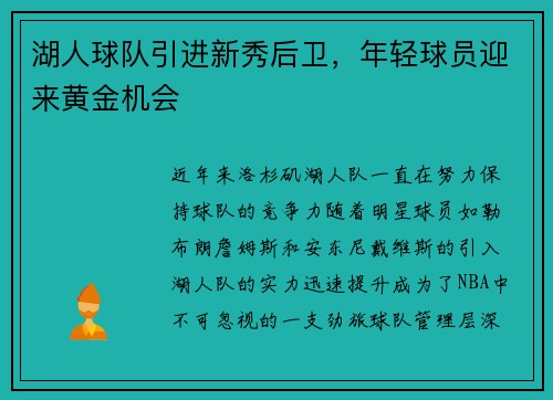 湖人球队引进新秀后卫，年轻球员迎来黄金机会
