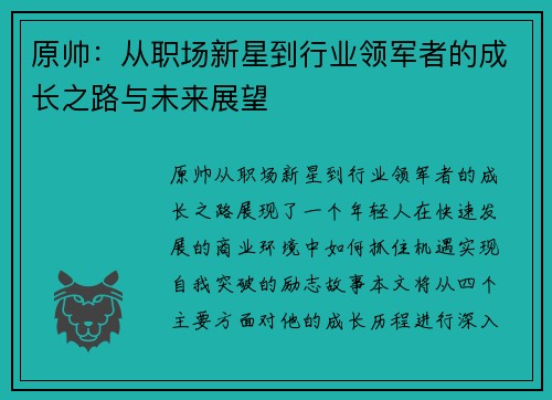 原帅：从职场新星到行业领军者的成长之路与未来展望