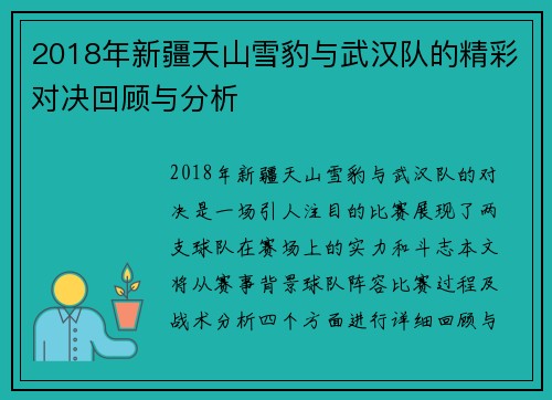 2018年新疆天山雪豹与武汉队的精彩对决回顾与分析