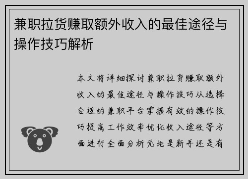 兼职拉货赚取额外收入的最佳途径与操作技巧解析