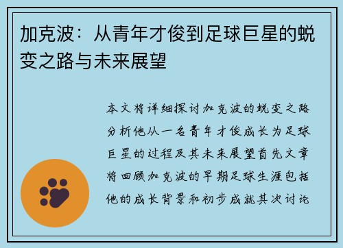加克波：从青年才俊到足球巨星的蜕变之路与未来展望