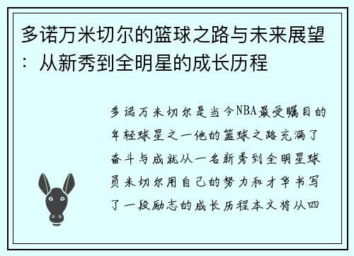 多诺万米切尔的篮球之路与未来展望：从新秀到全明星的成长历程