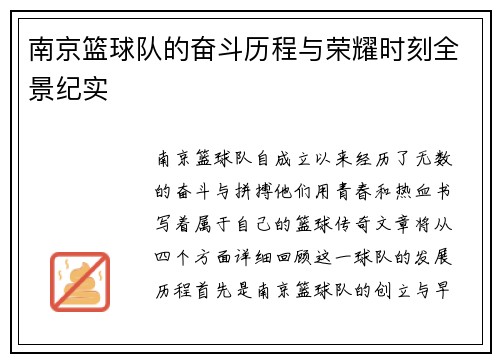 南京篮球队的奋斗历程与荣耀时刻全景纪实